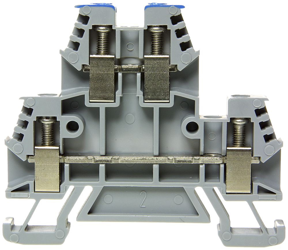 Borne de passage joignable Woertz 0.5…4mm² 32A 500V vis 2×2 rail DIN 35mm gr/bl