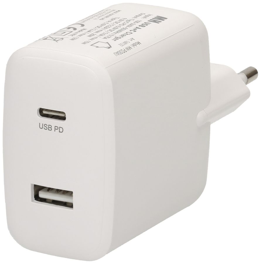 USB-Ladegerät MAX HAURI 1×A+1×C PD 30W 5/9VDC 2.4/2A T26 240VAC weiss