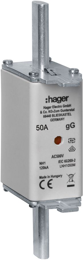 Fusible HPC Hager DIN1c 500VAC 50A gG/gL avertisseur double antirouille